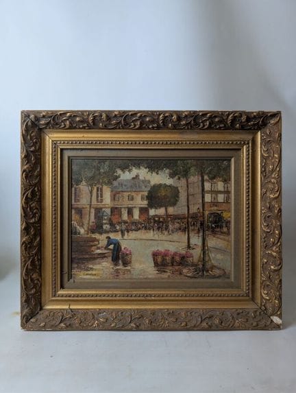 GERMAIN: "Piazza di paese animata". Olio su tavola