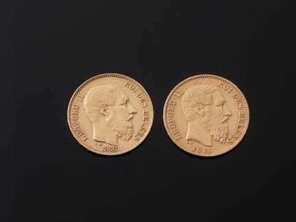 Deux pièces belges de 20 francs en or 900 millième