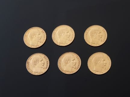 Six pièces de 20 francs en or 900 millièmes, Napol