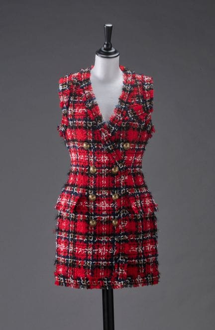 BALMAINRobe sans manche en tweed frangé écossais, 
