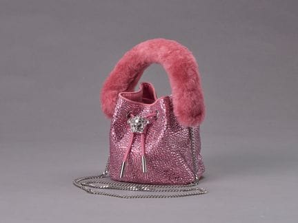 VERSACE Sac seau 14cm en satin strassé, poignée am