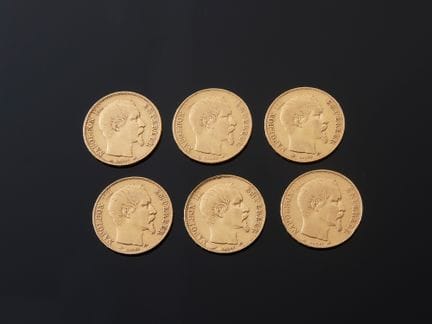 Six pièces de 20 francs en or 900 millièmes, Napol