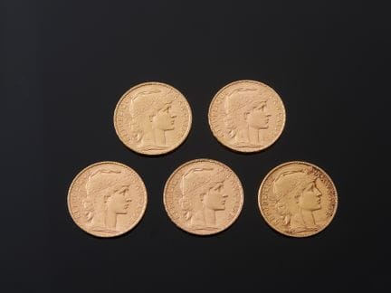 Cinq pièces de 20 francs en or 900 millièmes, Mari