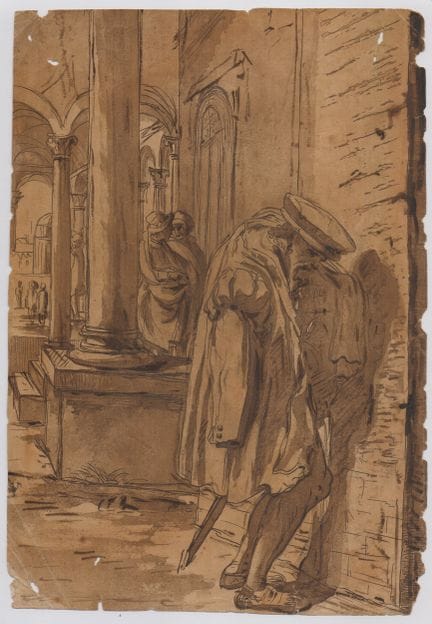 Man urinating in the street, 18th-century Bolognes