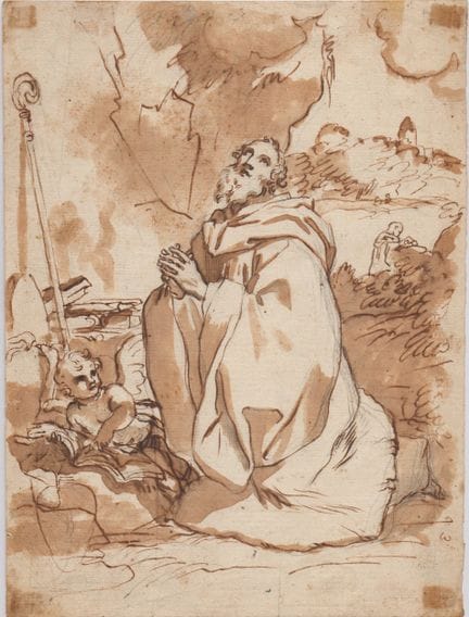 Holy bishop in prayer, 17th-century Bolognese arti
