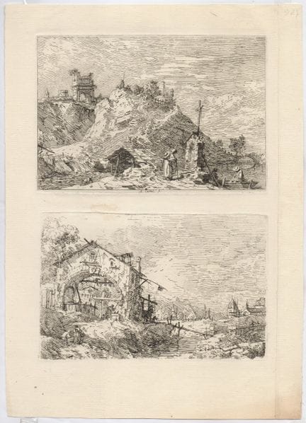 dit « Canaletto » : Paysage avec une tour et deux 