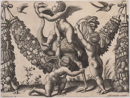 Maestro del Dado Three cherubs and an ostrich befo