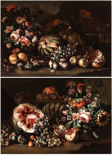 马克西米利安·普费勒（归因于）
（1694年至1721年活跃于罗马）

a) 静物画：西瓜、葡萄、石