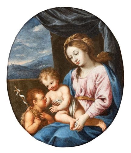 洛伦佐·马苏奇
（罗马 1726 — 1785）

《圣母与圣婴及圣约翰·洗者》
油画，画布裱于木板