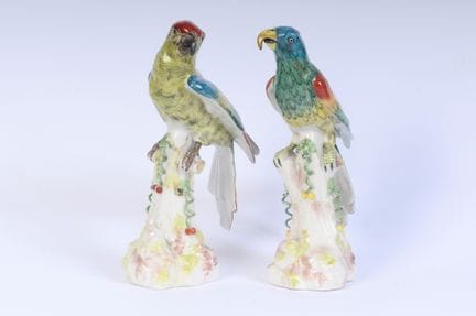 Pair of polychrome porcelain parrots from the firs