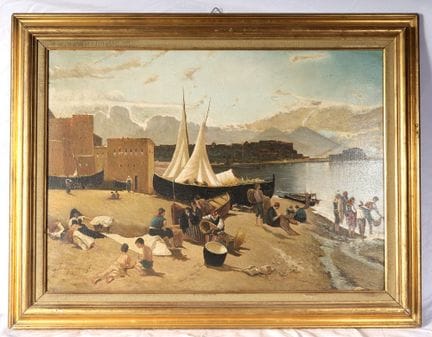 Glimpse of a marina with boats and fishermen, 20th