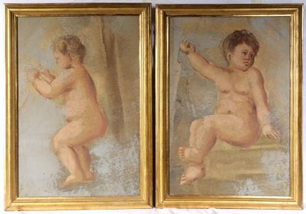 Pair of cherubs, 20th century. Mixed media on boar