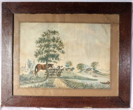 Landschaftsansicht mit Tieren und Figuren, erste H
