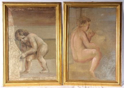 Pair of cherubs, 20th century  Mixed media on boar