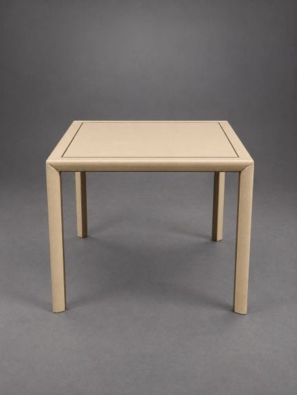 Table made of wood, metal, and cream-colored shagr