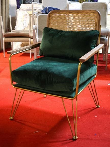 Armchair, with a wood and brass frame and rattan a