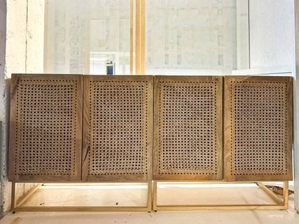 Two low cabinets made of natural wood and wicker, 