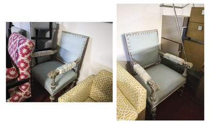 Pair of carved wooden armchairs with a gray lacque
