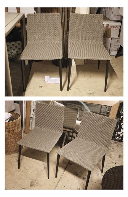 Four chairs with black-lacquered metal legs and ta