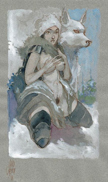 Meddour = La niña y el lobo, dibujo original en ac