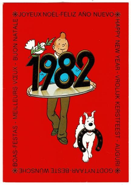 Hergé = Tintín, tarjeta de felicitación de 1982: T