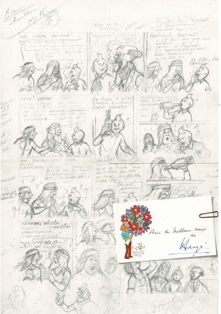 Hergé = Tintín, tarjeta de felicitación de 1975: R