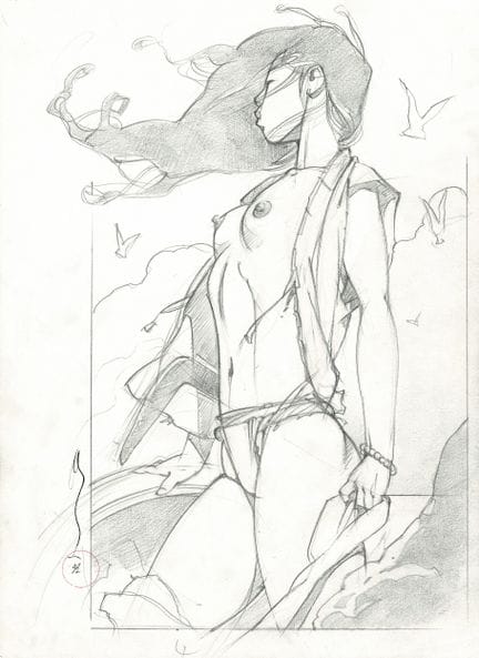 Michetz = Geisha, dibujo original a lápiz. Dimensi