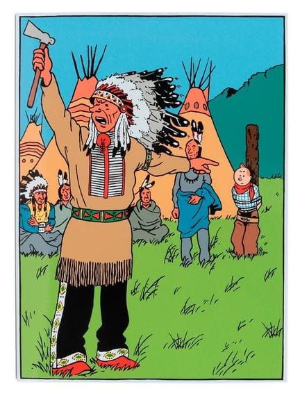 Hergé = Tintín, placa esmaltada de «Tintín en Amér