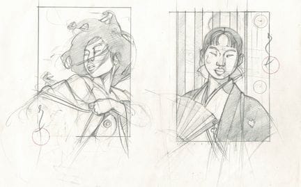 Michetz = Geisha, dibujo original a lápiz. Dimensi