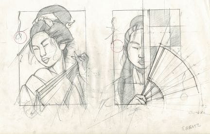 Michetz = Geisha, dibujo original a lápiz. Dimensi