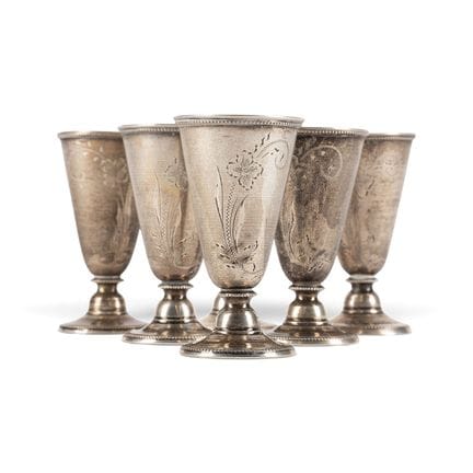 A SET OF SIX SILVER VODKA GOBLETS Soviet Union, Ri