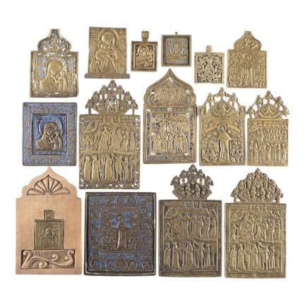 A COLLECTION OF 15 BRASS ICONS DEPICTING IMAGES OF