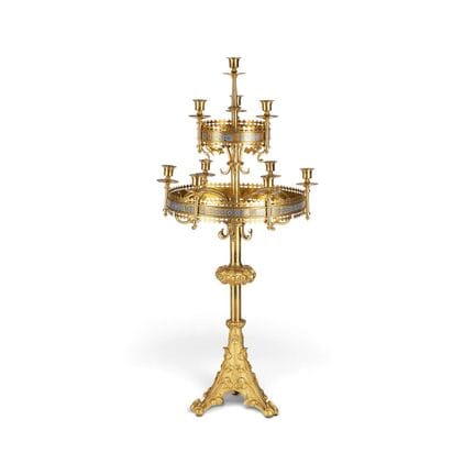 TEN-FLAME MONUMENTAL NEO-GOTHIC GILT-BRONZE CANDEL