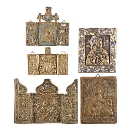 A COLLECTION OF FIVE BRASS ICONS DEPICTING THE IMA