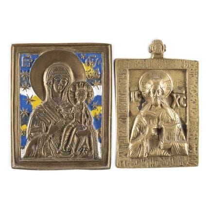 TWO BRASS ICONS DEPICTING CHRIST PANTOKRATOR AND T
