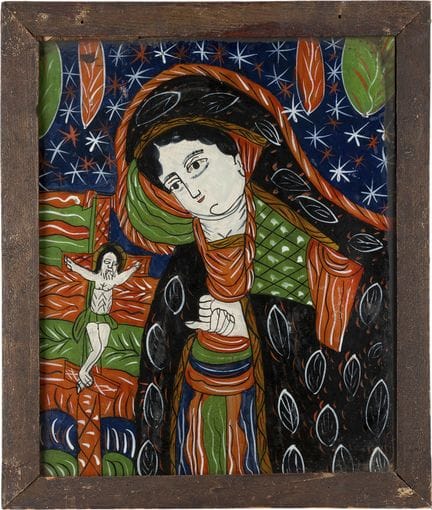 A LARGE REVERSE PAINTING ON GLASS SHOWING THE MOUR
