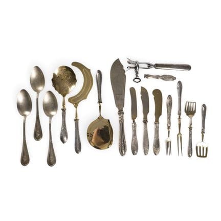 THIRTEEN SERVING UTENSILS AND THREE SILVER SOUP SP
