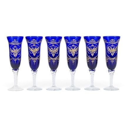 A SET OF SIX GLASS FLUTES WITH DOUBLE-HEADED EAGLE
