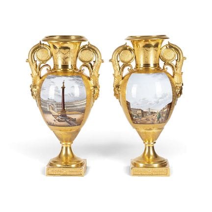 A PAIR OF LARGE PORCELAIN VASES DEPICTING PALACE S