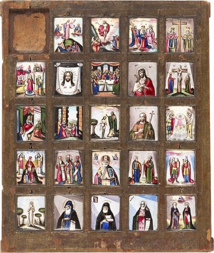 A VERY RARE ICON WITH 24 FINIFT ENAMEL ICONS SHOWI