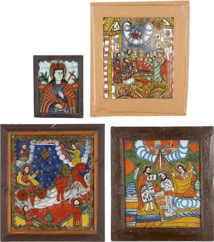 FOUR REVERSE PAINTINGS ON GLASS DEPICTING BAPTISM 