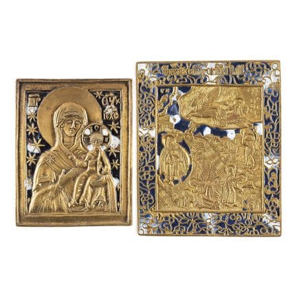 TWO BRASS AND ENAMEL ICONS DEPICTING THE MOTHER OF