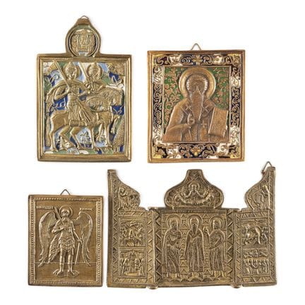 A COLLECTION OF FOUR BRASS ICONS DEPICTING SELECTE