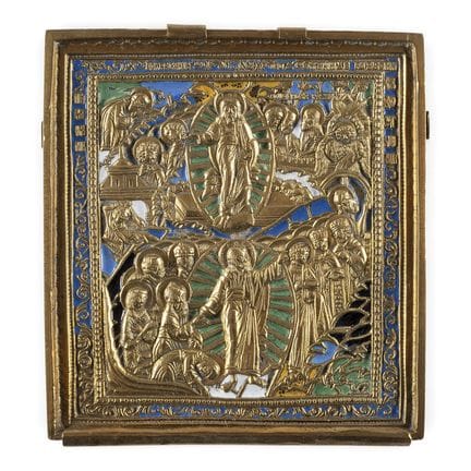 A BRASS AND ENAMEL ICON SHOWING RESURRECTION OF CH