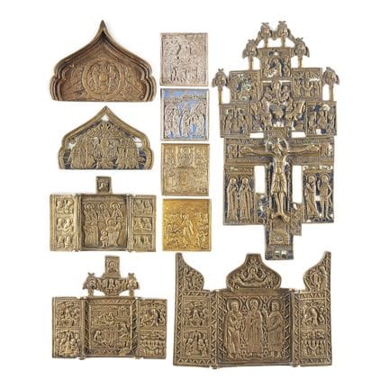 A COLLECTION OF TEN BRASS ICONS DEPICTING CRUCIFIX