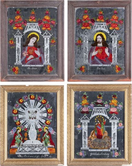 FOUR LARGE REVERSE PAINTINGS ON MIRROR GLASS South
