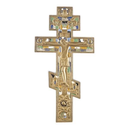 A FINE LARGE BRASS AND ENAMEL CRUCIFIX Russian, 19