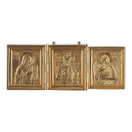 A BRASS TRIPTYCH SHOWING DEISIS Russian, 19th cent