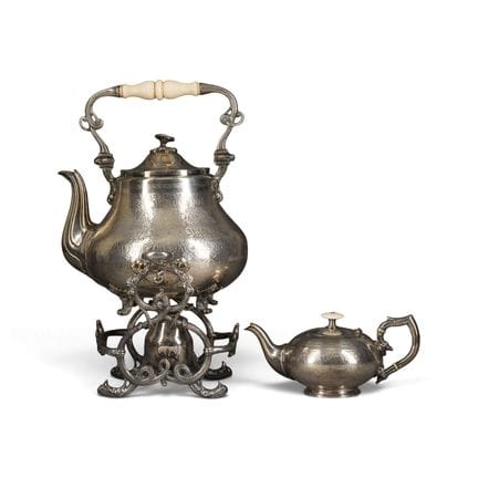 A PLATED HOT WATER KETTLE ON STAND, LAMP AND TEA P