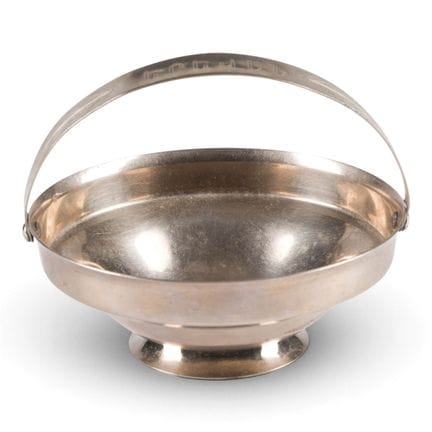 A METAL BOWL WITH HANDLE AND GEORGIAN INSCRIPTION 